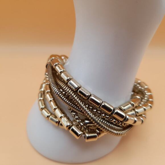 Snake Chains Seven Strand Stretch Bracelet, Large Beads, Gold Tone - Picture 2 of 8